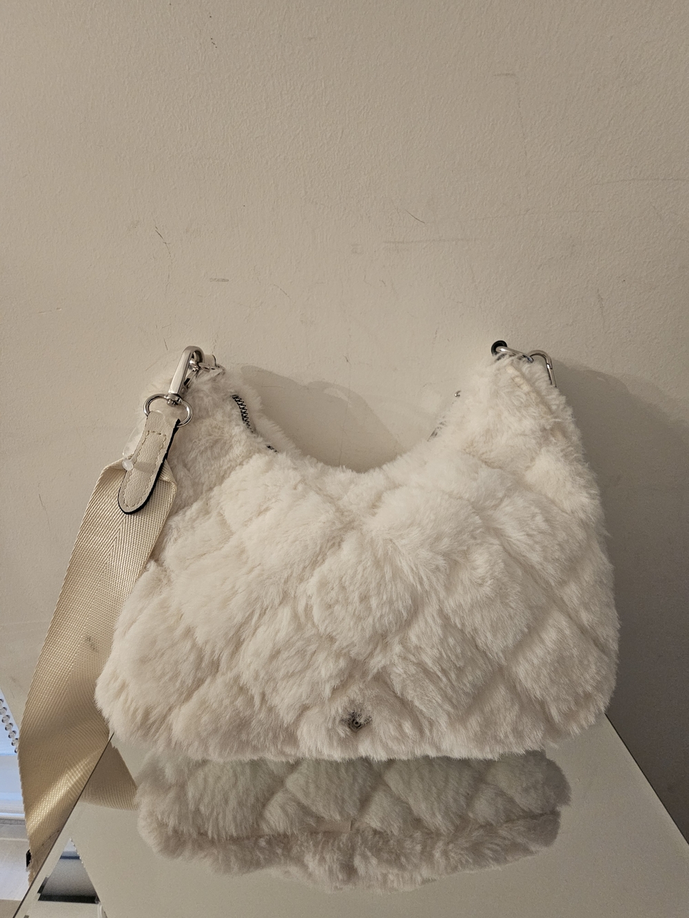 Call It Spring Cream Faux Fur Shoulder Bag with Wide Strap